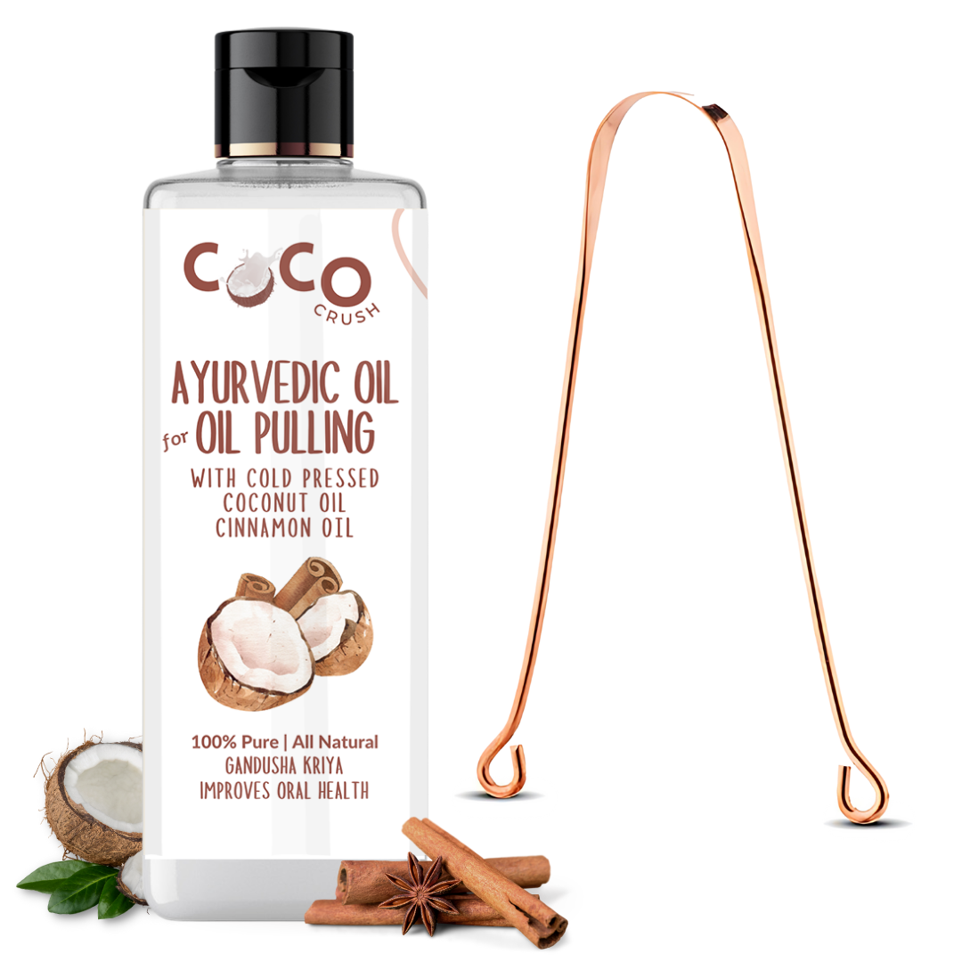 Ayurvedic Coconut & Cinnamon Oil for Oil Pulling with Copper Tongue Cleaner