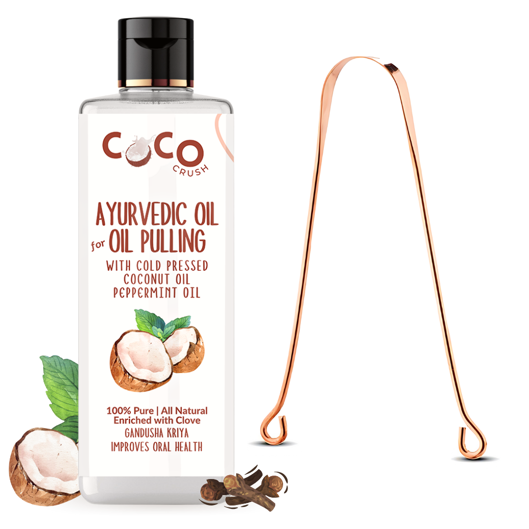 Ayurvedic Coconut Oil, Peppermint & Clove for Oil Pulling with Copper Tongue Cleaner