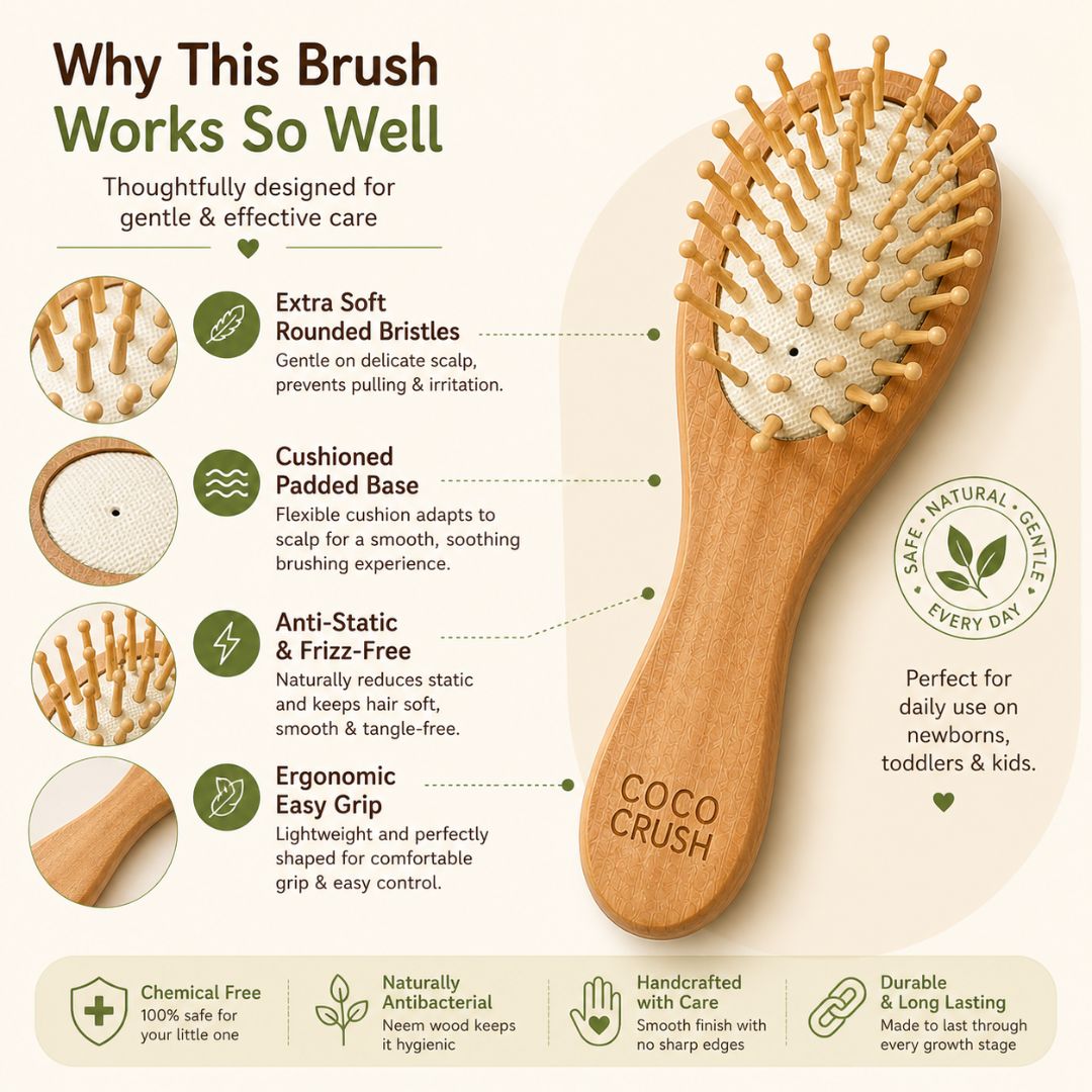Natural Bamboo Neem Wood Hair Brush for Babies, Kids